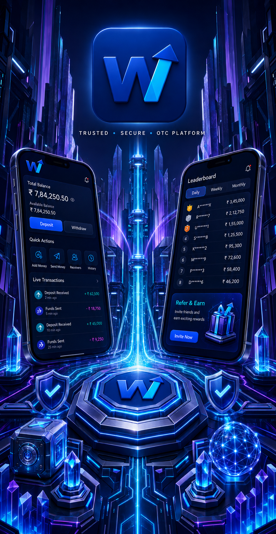 WinPay promotional illustration of two phones in a futuristic city